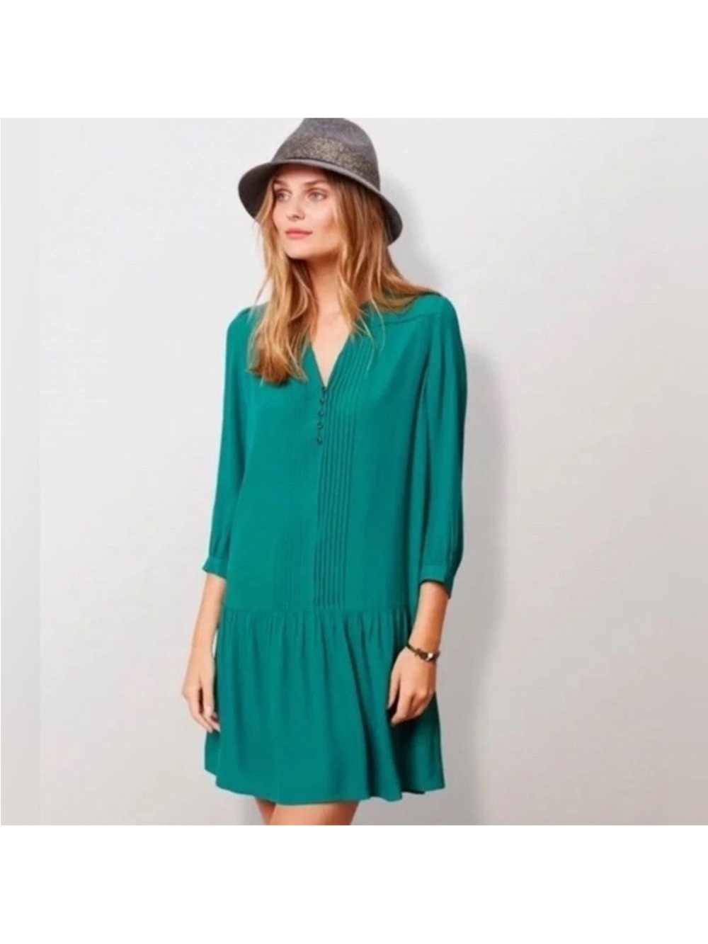 Maeve Teal Pintuck V-Neck Drop-Waist Dress size M